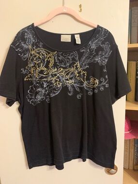 Classic Elements Black Short Sleeve Tee with Blue and Gold Scrollwork